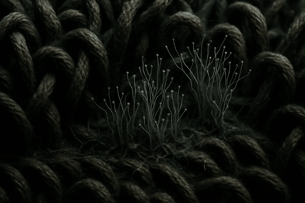 Imagen microscópica de moho creciendo en las fibras de una alfombra mojada.