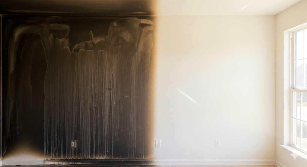 Daños por fuego antes y después de ser restaurado