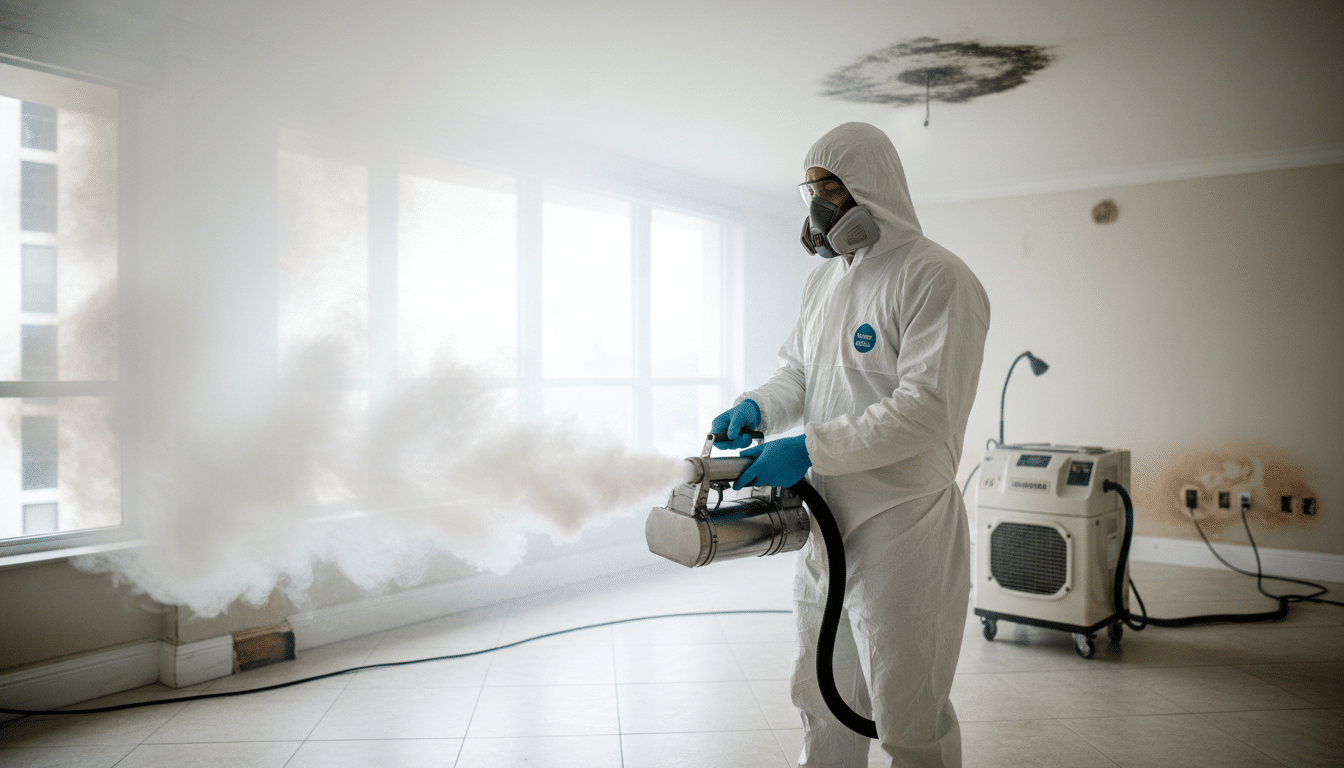 Number One Restoration team using commercial hydroxyl generators and thermal foggers for odor removal in a South Florida rental property