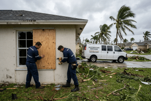 Técnicos de Number One Restoration realizando tapiado de emergencia en ventana rota en Spring Hill, FL