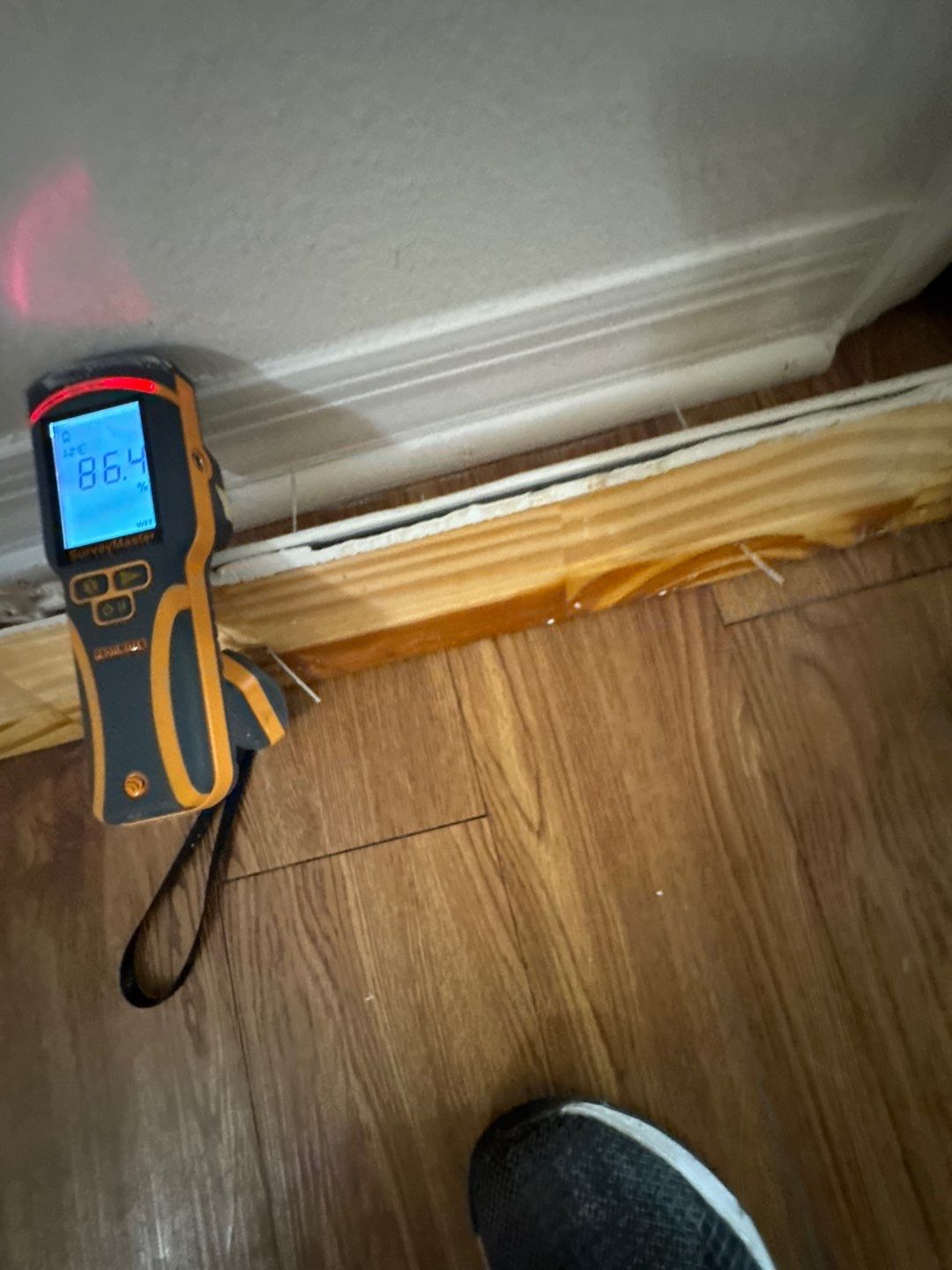 Moisture meter positioned beside a water-damaged baseboard.